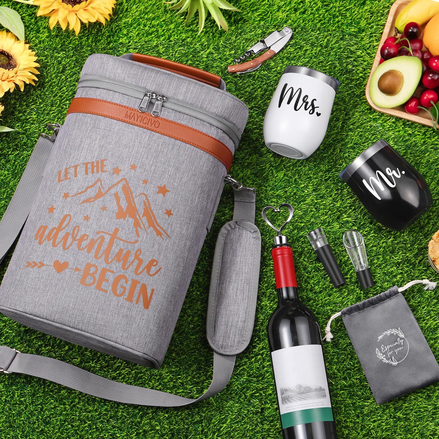 Wedding Gifts for Couples, Mr and Mrs Wine Tumblers Gifts - Engagement, Bridal Shower, Newlywed, His & Hers, Valentines Day, House Warming-Insulated Wine Cooler Tote Bag w/ Wines Accessories Gift Set