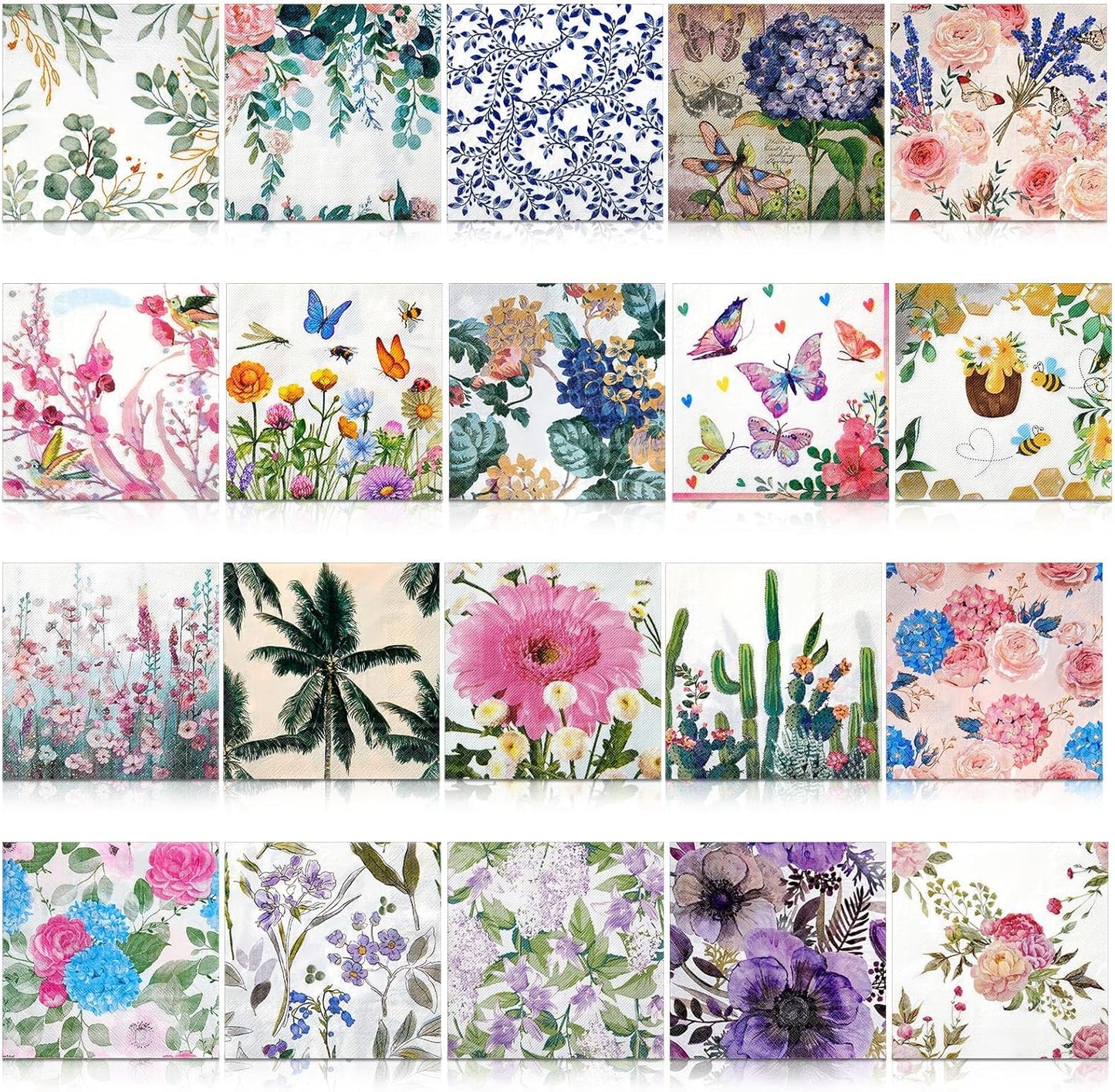 Crtiin 20 Pack Decoupage Napkins Floral Napkins Flower Cocktail Paper Decorative Toilet for Valentine's Day Birthday Party Beautiful Gorgeous, 20 Styles Each 6.5 Inches(Style 5)