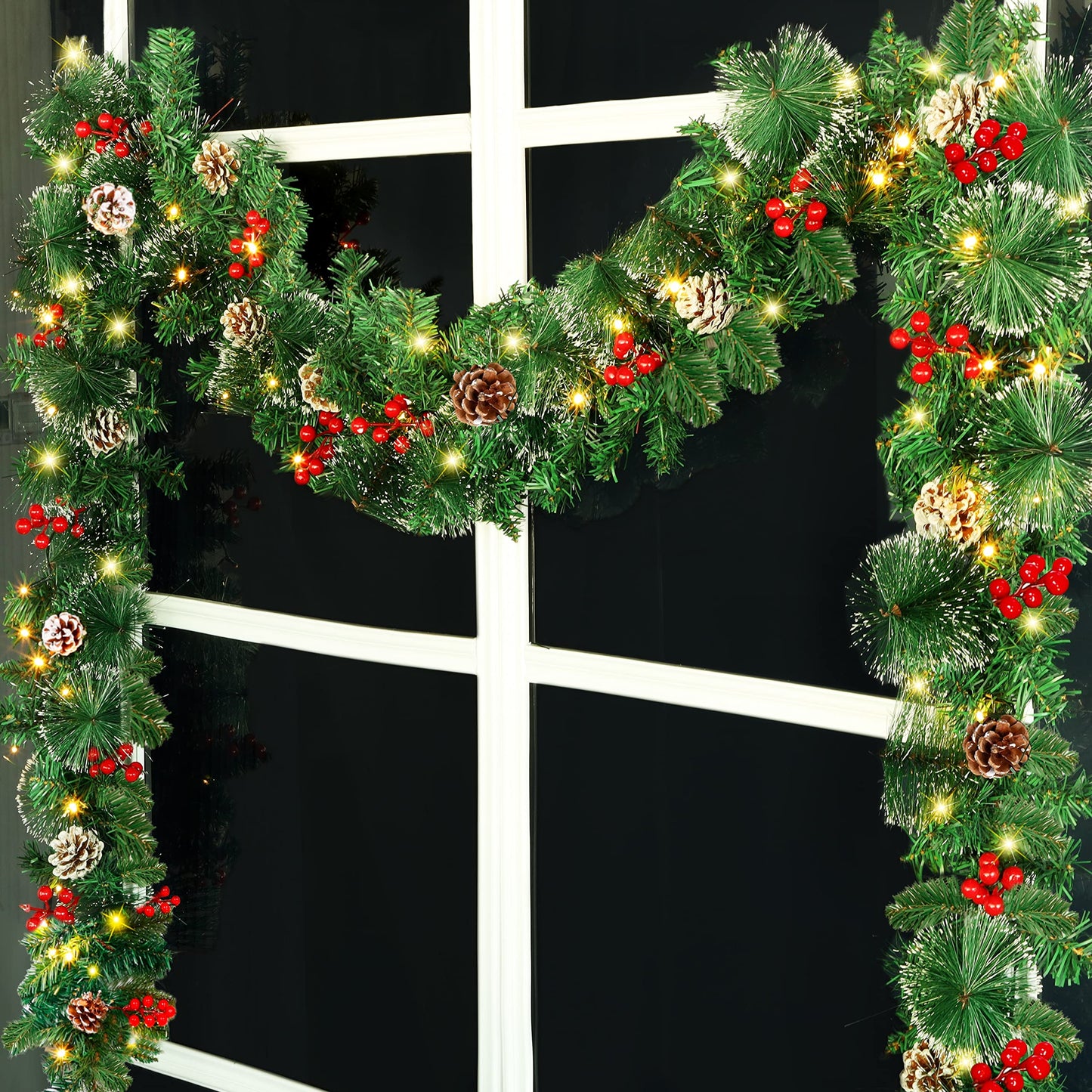 ATDAWN 9 Foot Christmas Lighted Garland, Battery Operated Christmas Garland with Lights, Garland Wreath with Pine Cones for Indoor Home Winter Holiday New Year Xmas Decorations