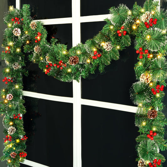 ATDAWN 9 Foot Christmas Lighted Garland, Battery Operated Christmas Garland with Lights, Garland Wreath with Pine Cones for Indoor Home Winter Holiday New Year Xmas Decorations