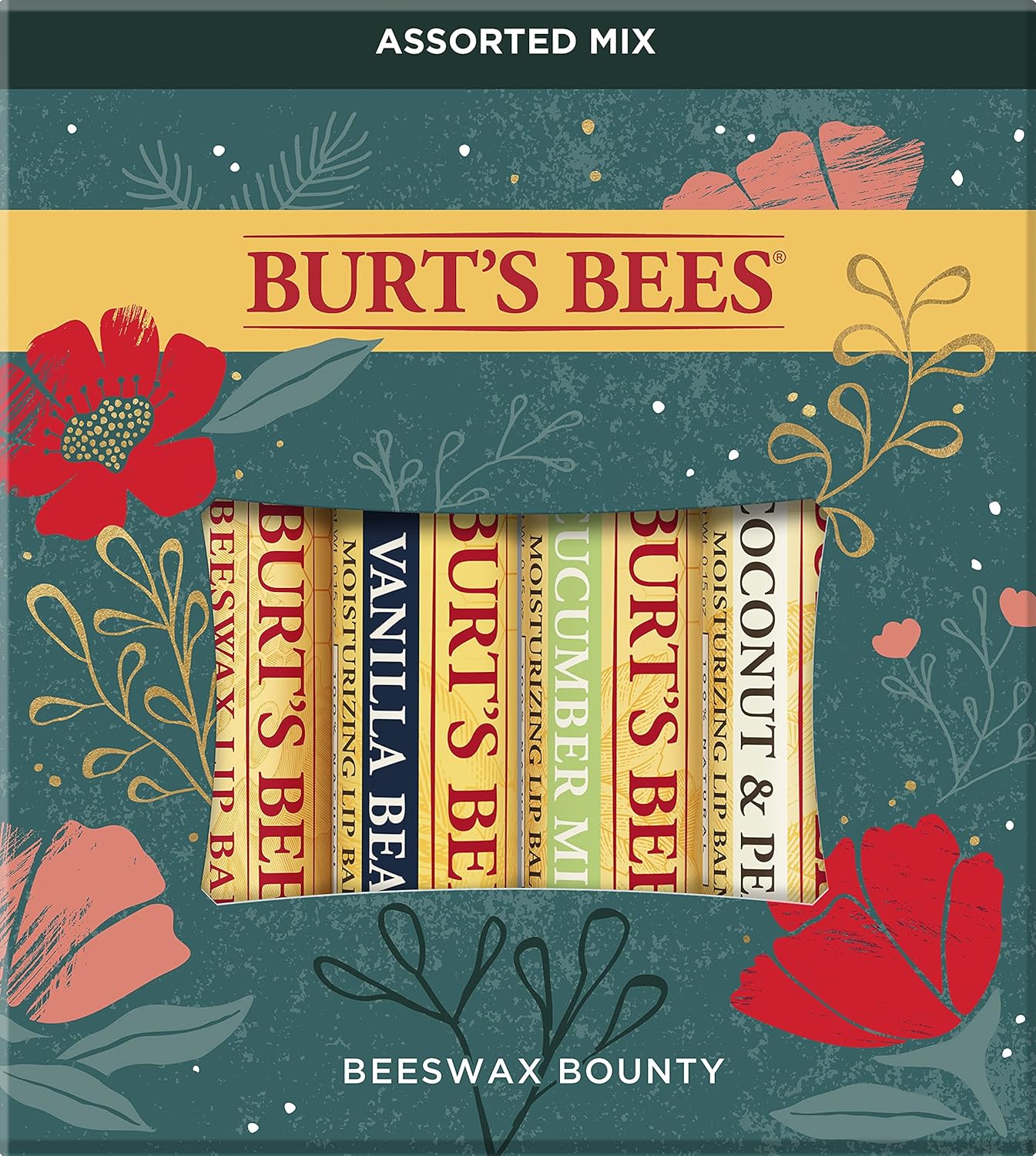 Burtâs Bees Holiday Gift, 4 Lip Balm Stocking Stuffer Products, Beeswax Bounty Assorted Set - Original Beeswax, Vanilla Bean, Cucumber Mint & Coconut Pear (Old Verison)