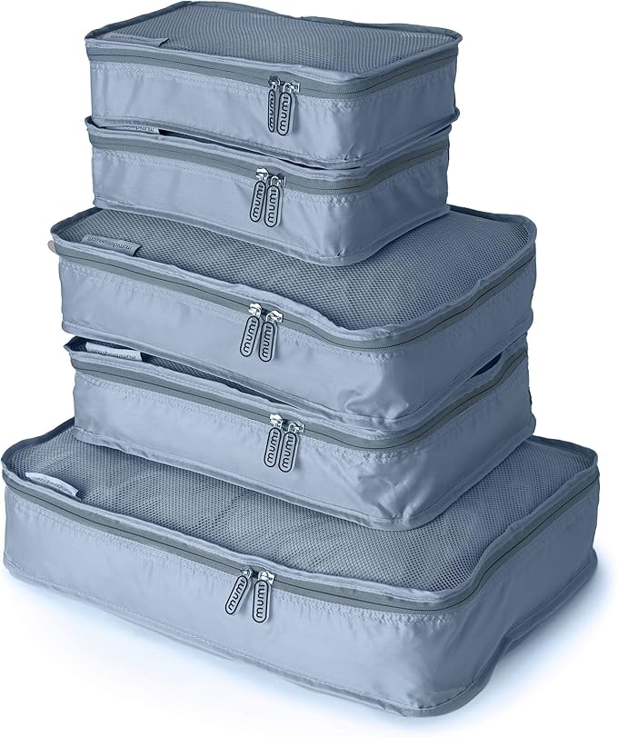 MUMI Packing Cubes - 5 Compression Packing Cubes for Travel, Luggage Organizer Bags for Suitcases, Carry-On, Duffle or Backpack â Mesh, Waterproof Bags for Clothes, Kids & Travel Accessories - Gray