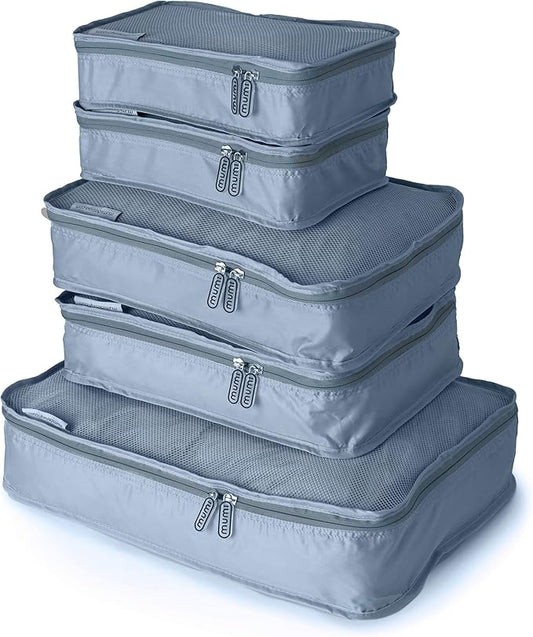 MUMI Packing Cubes - 5 Compression Packing Cubes for Travel, Luggage Organizer Bags for Suitcases, Carry-On, Duffle or Backpack â Mesh, Waterproof Bags for Clothes, Kids & Travel Accessories - Gray