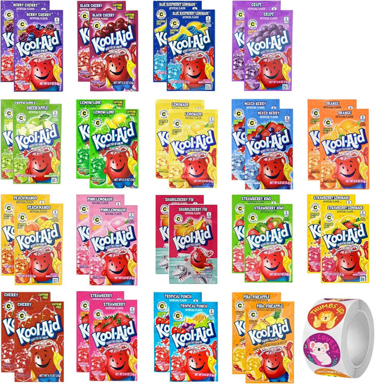 Kool Aid Packets Ultimate Variety (18 Falvors, 36 Packets) - Drink Mix - Includes Cherry, Grape, Lemonade, Mixed Berry, Strawberry, Tropical Punch and more PLUS 5 STICKERS By D.F. LUXURY
