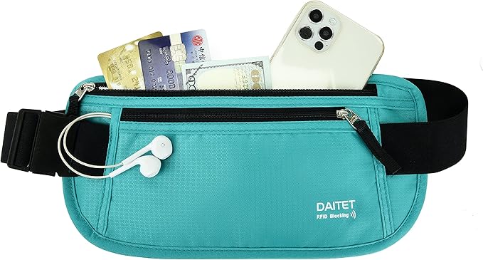 RFID Blocking Money Belt for Men Women, Slim Fanny Pack for Travelï¼Running,Conceal Waist Wallet for Passport Holder,Phone,Cash(Black Mint Green)