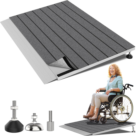 Threshold Ramps for Wheelchairs, Adjustable Height 1.8"–5.3" and 24"×36" Platform Aluminum Wheelchair Ramp, Door Threshold Ramps with a Non-Slip Thick Door Mat for Scooters, Power Chairs, Cart