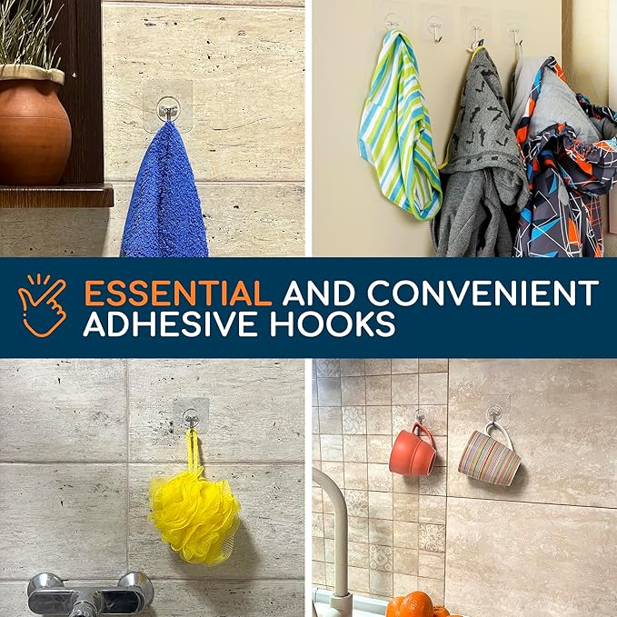 GLUIT Adhesive Wall Hooks for Hanging Heavy Duty 22 lbs Hooks for Walls No Damage, Towel Sticky Clear Hook, Waterproof, Home, Bathroom, Kitchen, Office, and Outdoor 10 Pack