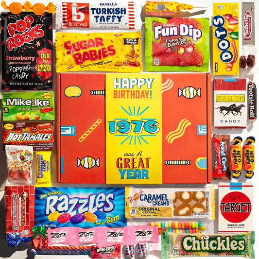 RETRO CANDY YUM Candy from 1976 - Nostalgic Candy Box for 50th Birthday - Vintage Childhood Sweets - Fun Retro Gift for Men and Women, Party Centerpiece, Shrink Wrapped Gift Box Assortment