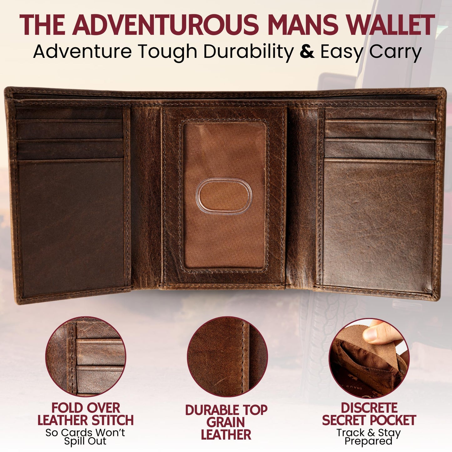BULL GUARD Leather Trifold Wallets For Men In Grizzly Brown with ID and RFID Blocking Great For Work, Sports, Outdoors, No Logo Design