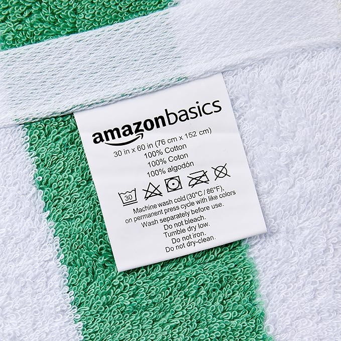 Amazon Basics 100% Cotton Terry Beach Towel, Soft & Absorbent, Quick Drying, Cabana Stripe, Large 30" x 60", Green, 2-Pack