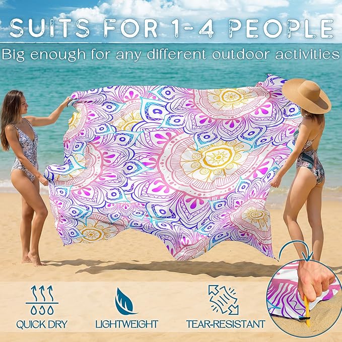 BYDOLL Beach Blanket Waterproof Sandproof 78''×81'' Suits1-4 Adults Compact Lightweight Oversized Sand-Free Blanket Large Picnic Mat for Beach Travel Camping Hiking