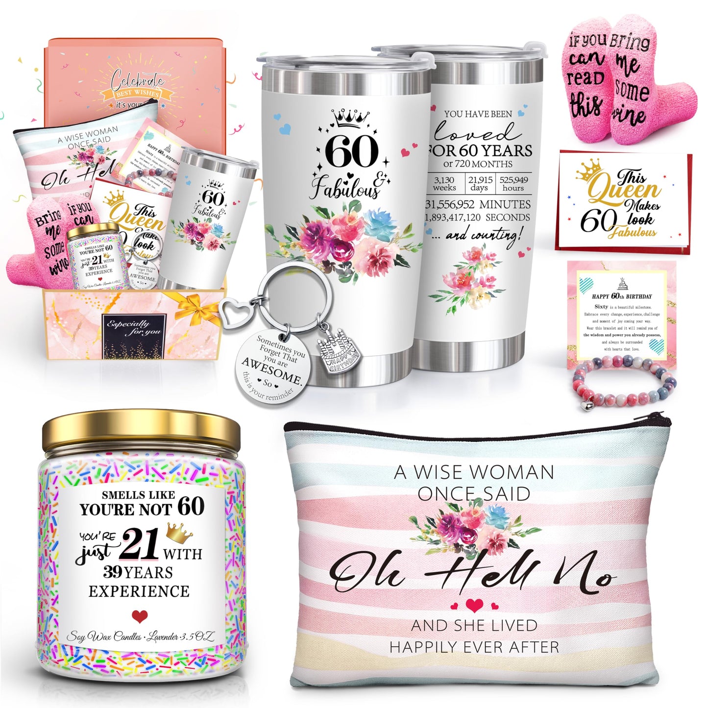 ShinnyWis 60th Birthday Gifts for Women,Happy 60th Birthday Gifts for Her Friends Mom Wife Sister Coworker,Tumblers Gifts Set for 60 Year Old Women,Funny 60 Birthday Gifts Ideas