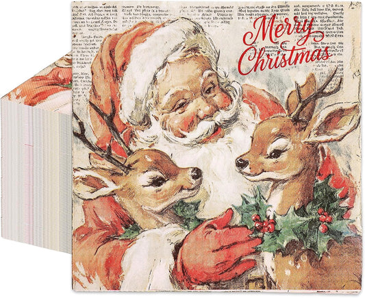 Whaline 80Pcs Vintage Christmas Paper Napkins Santa Reindeer Luncheon Napkin Xmas Winter Disposable Dinner Dessert Napkin for Holiday Party Supplies Table Decor