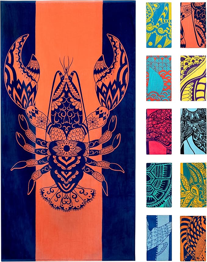 Nova Blue Lobster Beach Towel (34 X 63) - Solid Color Beach Towel Made from 100% Cotton â Coral Stripe Large Beach Towels with Tropical Design â Extra Large, XL Beach Blanket