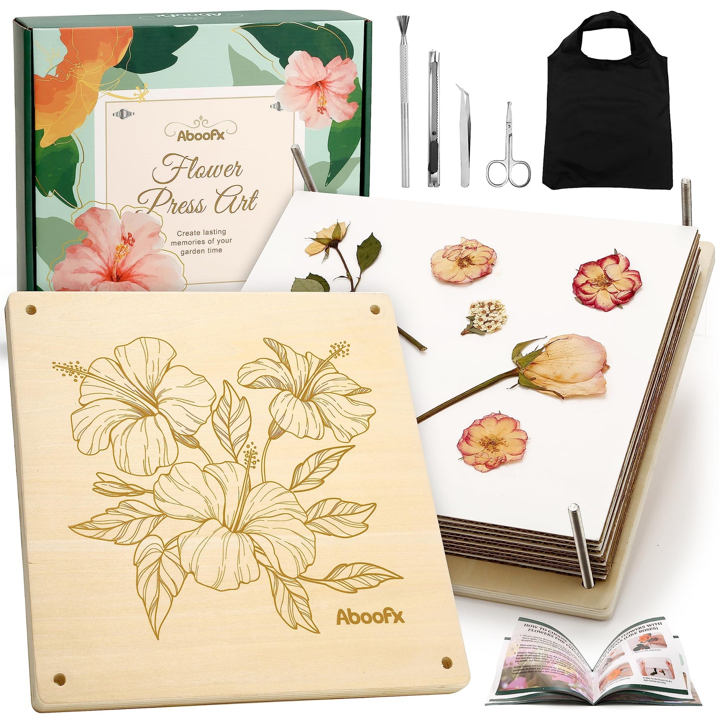 Aboofx Flower Press Kit, Craft Kits 11"x11" 10 Layers Wooden Flower Pressing Kit for Crafts Pressed Flowers and Plant for DIY Art, Preservation for Bookmark Frame Wedding Flower Drying