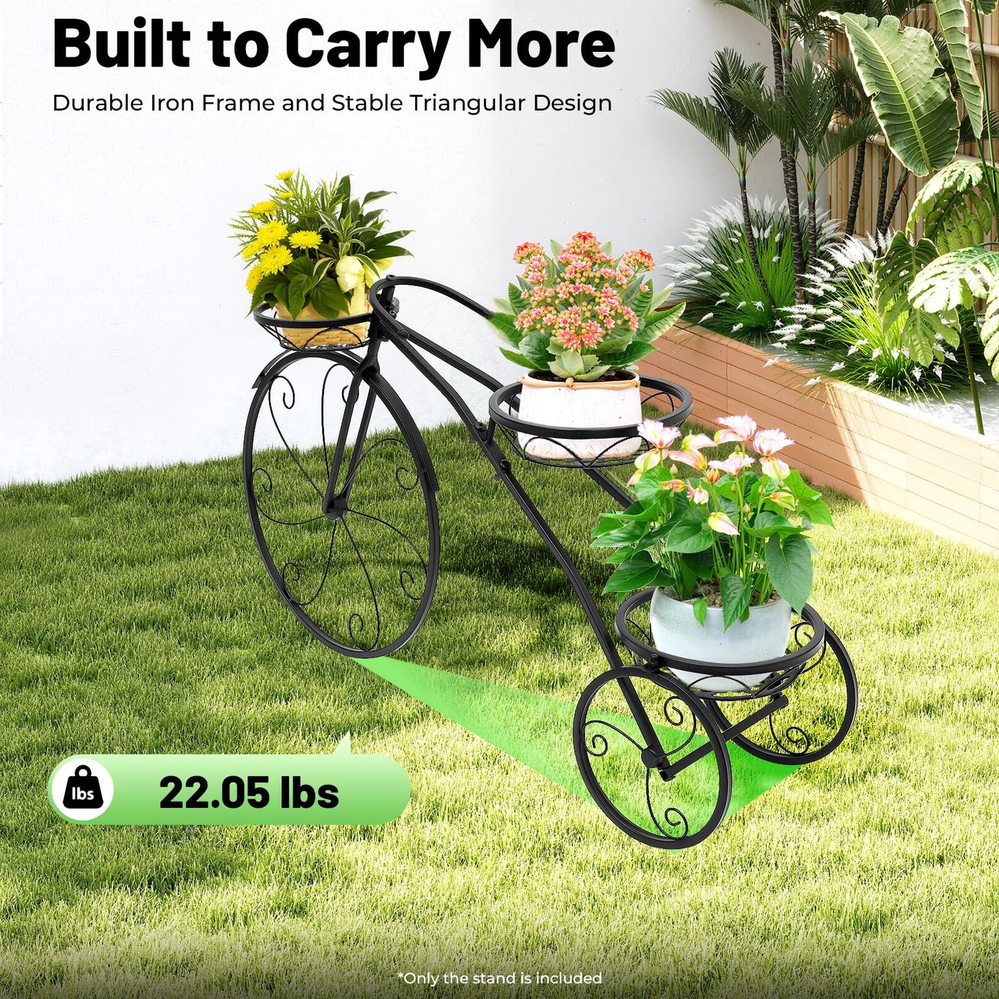 Bicycle Planter Stand, Three-wheeled Plant Stand, Plant Stand, Plant Corner Shelf, Metal Flower Pot Cart Holder with 3 Plant Bucket Outdoor Decorative for Patio, Deck, Garden or Lawn