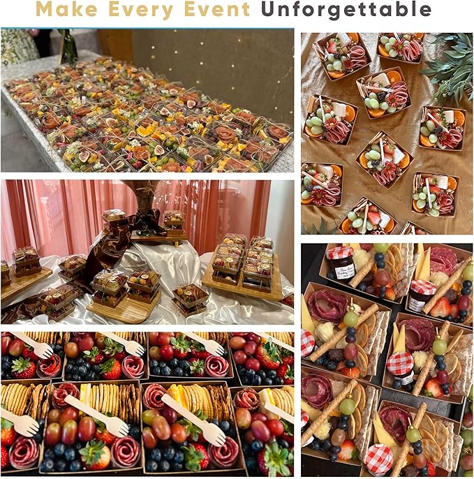 Leafiew 50 Pack Small Charcuterie Boxes with Clear Lids - To Go Paper Mini Charcuterie Box, Disposable Food Containers, 5Inch Dessert Boxes - Sandwich, Cookie, Sushi, Cake Slice, Strawberries (Brown)
