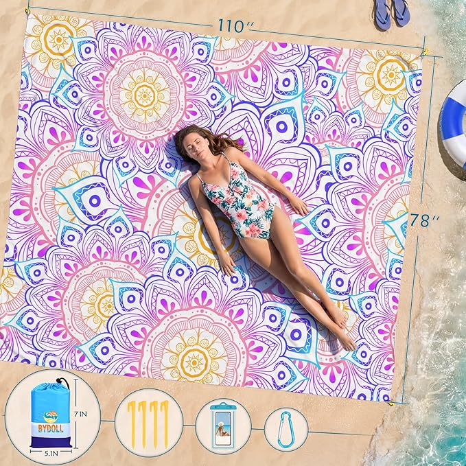 BYDOLL Beach Blanket Waterproof Sandproof 78''×110'' Suits1-7 Adults Compact Lightweight Oversized Sand-Free Blanket Large Picnic Mat for Beach Travel Camping Hiking