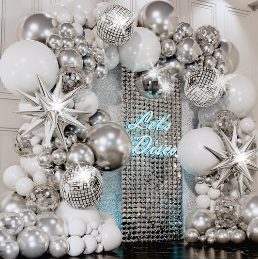 ALL-IN-1 Disco Balloon Arch Kit with BONUS Disco Ball Balloon for Party Decorations - Silver & White Balloons Garland for Disco Ball Party Decoration & Silver Party Decorations -Disco Balloons