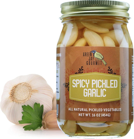 Green Jay Gourmet Pickled Garlic Cloves in a Jar – Spicy Pickled Garlic – Jalapeño & Red Pepper – Fresh Garlic Bulbs for Cooking – Natural Ingredients – Freshly Made, Pre-Prepared Garlic – 16 Ounce Jar