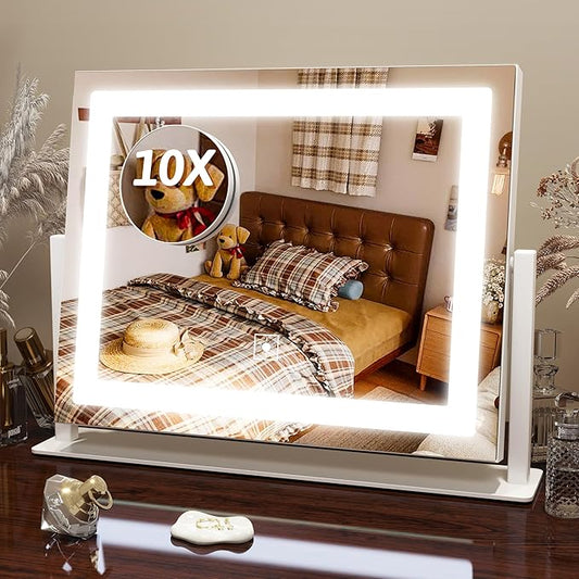 FENNIO Vanity Mirror with Lights, 12" x 16" Lighted Makeup Mirror with Smart Touch Control, 3 Color Modes & Brightness Adjustable, LED Makeup Mirror with 10X Magnification, 360Â° Rotation for Bedroom