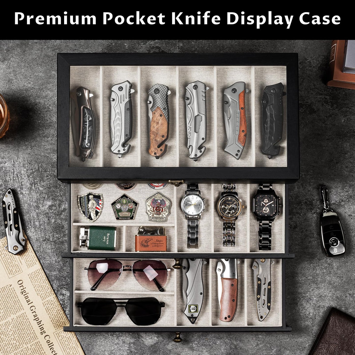 Yoimori Knife Display Case, 3-Layer Pocket Knife Case Display & Storage Knives, Solid Wood Knife Case for Collections, Gift for Boyfriend Fathers Day Birthday Gifts(Black)
