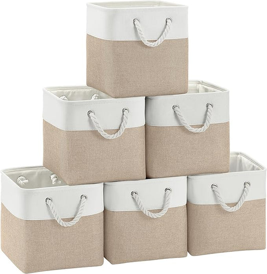 Fabric Cubes Storage Basket, 6 Pack 11x11 inch with Handles Cube Storage Bins, for Shelves, Home, Office Organizers (White/Khaki)