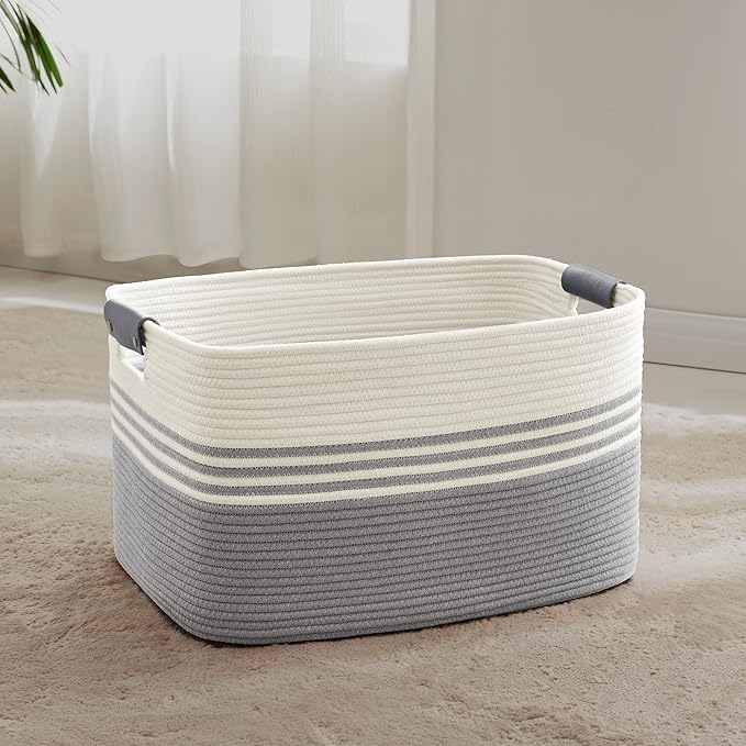 72L Large Laundry Basket with Leather Handles for Living Room Storage, Woven Rope Baskets Bin for Blanket, Kids Toy, Gifts, Wicker Hamper for Bedroom Dirty Clothes, 22"x17"x12" White Grey
