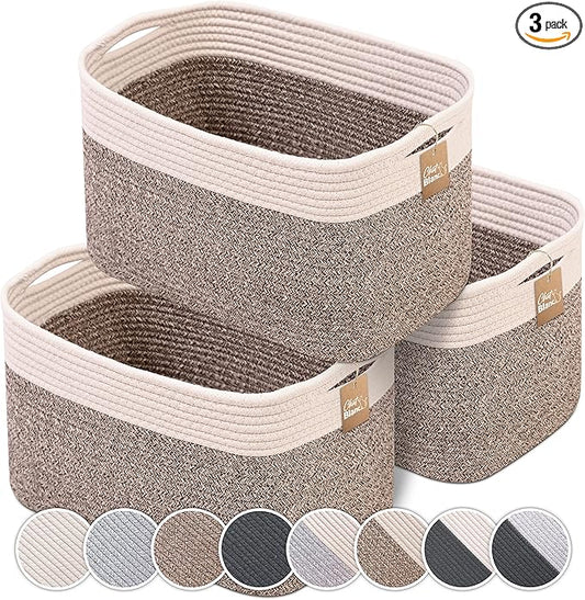 CHAT BLANC Cotton Rope Baskets for Organizing | 15âx10âx9â Storage Baskets for Shelves | Small Laundry Woven Baskets for Storage, Dog Toy Bin, Baby Basket,Off White&Brown 3 Pack