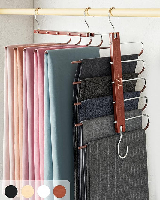 MORALVE Pants Hangers Space Saving - 4 Pack European Beechwood Scarf and Jean Hangers - Closet Organizer and Space Saver Pant Rack, Leggings Hanger, and Scarf Holder with 360Â° Swivel Hook