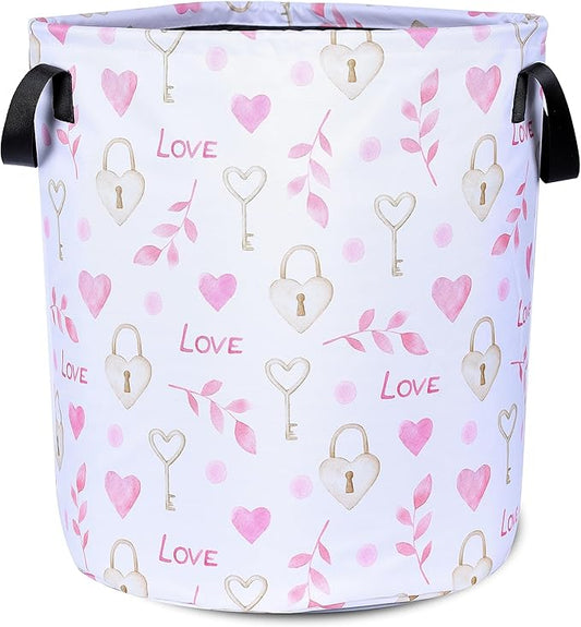 Love Cylinder Key Laundry Basket Pink Heart Foldable Oxford Cloth Tote Bag Laundry Hamper Clothes Storage Bucket Organizer For Bathroom/Laundry Storage/Bedroom 17.7x13.7Inch