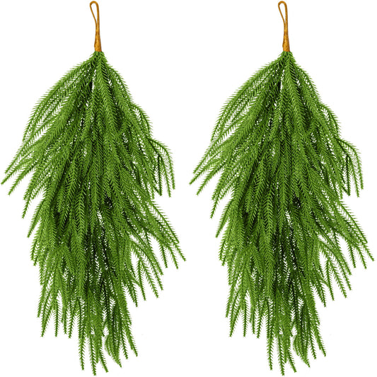 2 Pcs Artificial Christmas Teardrop Swag, 28" Faux Pine Needles Teardrop Door Swag, Christmas Norfolk Greenery Teardrop Wreath for Xmas Holiday Door Table Mantle Fireplace Indoor Outdoor Decor