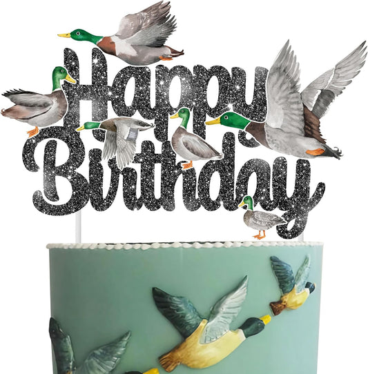 Mallard Duck Birthday Cake Topper - Glittery Black Duck Hunting Theme Cake Topper for Hunter Baby Shower Supplies