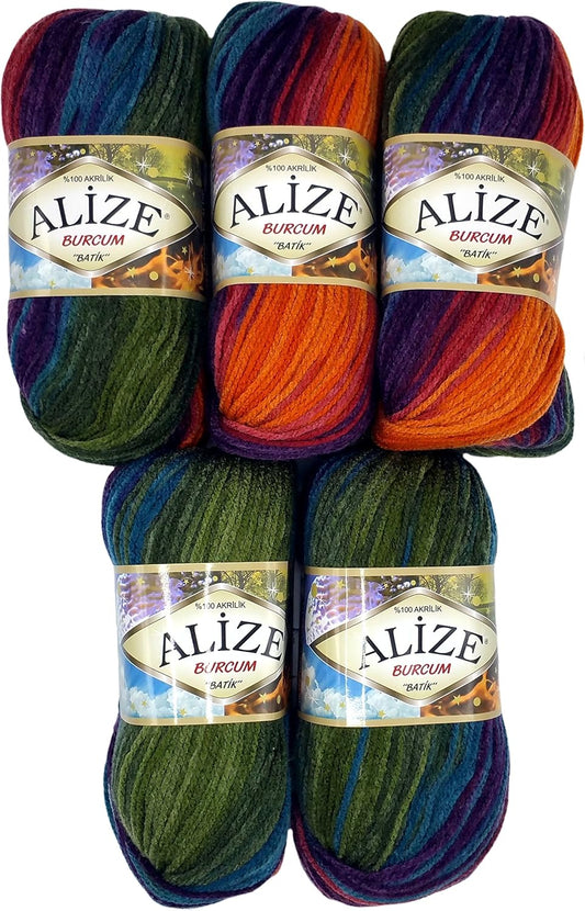 Alize Burcum batik wool 5 x 100 gram multicolored with color gradient , 500 grams (17,63 oz) knitting wool 1150 yds (1050 meters) purple, orange, blue, gray 4827