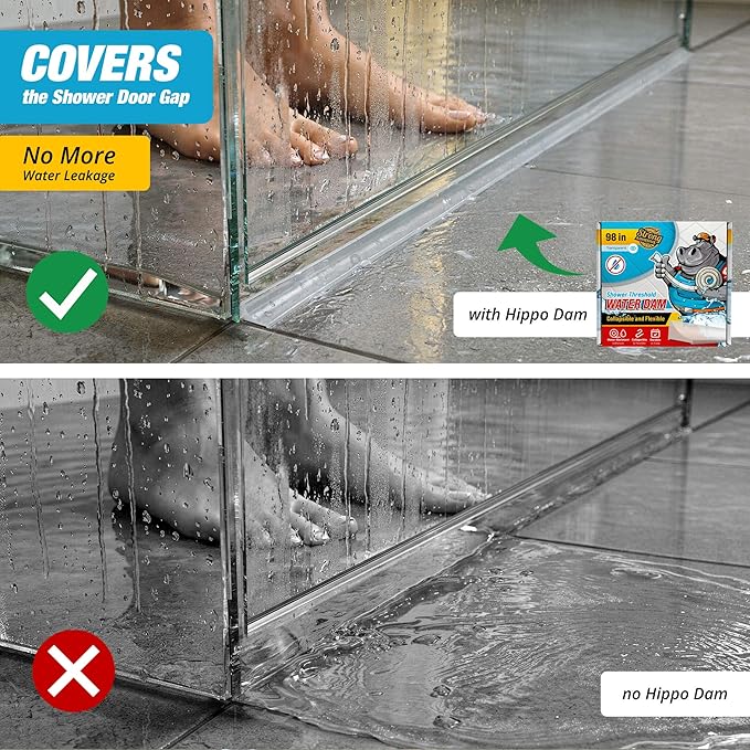 Shower Threshold Water Dam Barrier 98" - Transparent Collapsible Walk in Shower Water Guard - Door Bottom Seal Strip Leak Guard by Hippo Dam