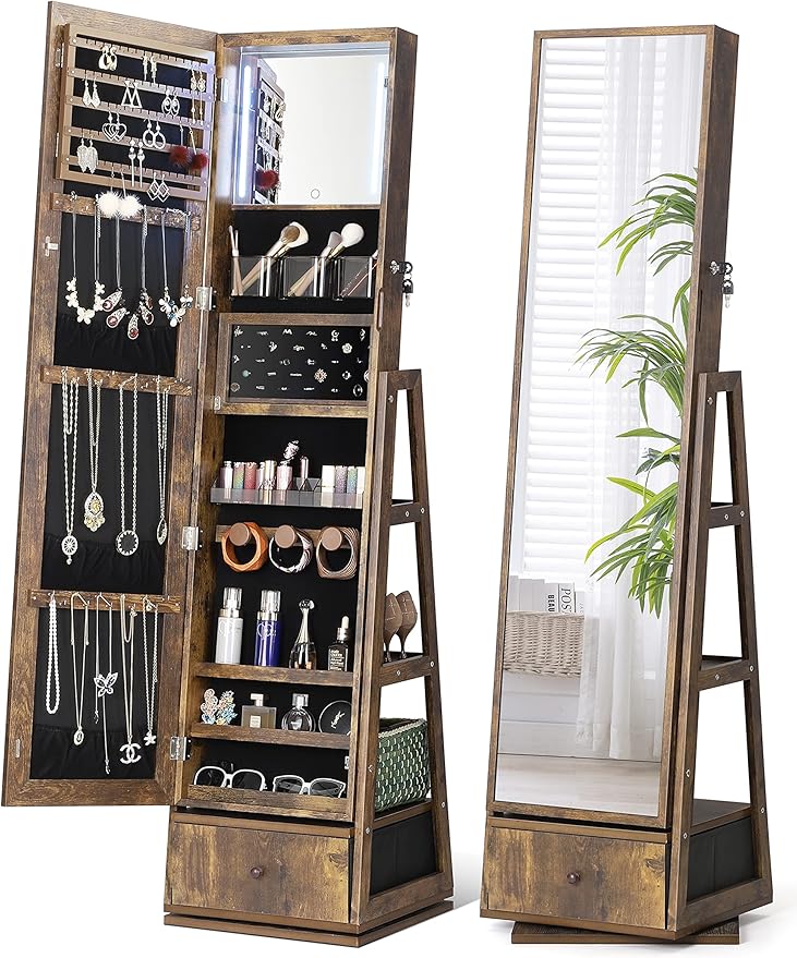 Nicetree 360Â° Swivel Jewelry Cabinet with Lights, Touch Screen Vanity Mirror, Rotatable Full Length Mirror with Jewelry Storage, Standing Jewelry Armoire Organizer, Christmas Gifts, Rustic Brown
