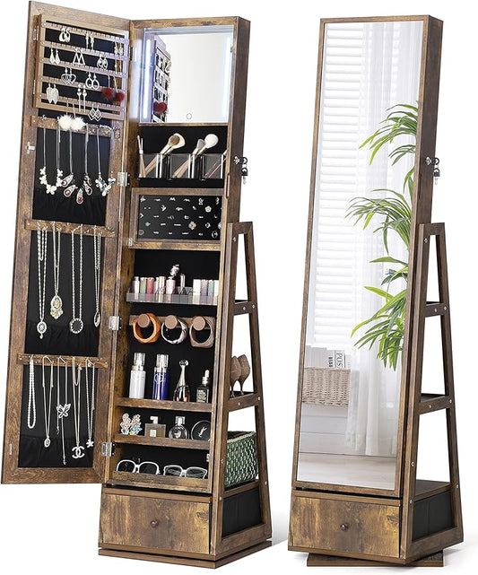 Nicetree 360Â° Swivel Jewelry Cabinet with Lights, Touch Screen Vanity Mirror, Rotatable Full Length Mirror with Jewelry Storage, Standing Jewelry Armoire Organizer, Christmas Gifts, Rustic Brown