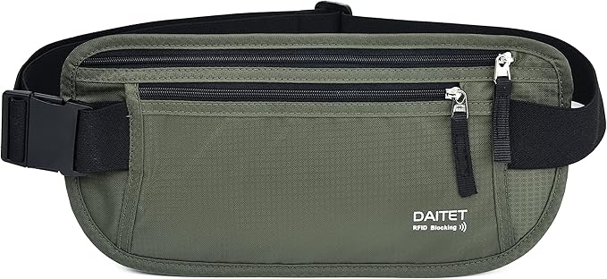 RFID Blocking Money Belt for Men Women, Slim Fanny Pack for Travelï¼Running,Conceal Waist Wallet for Passport Holder,Phone,Cash(Black Dark Olive Green)