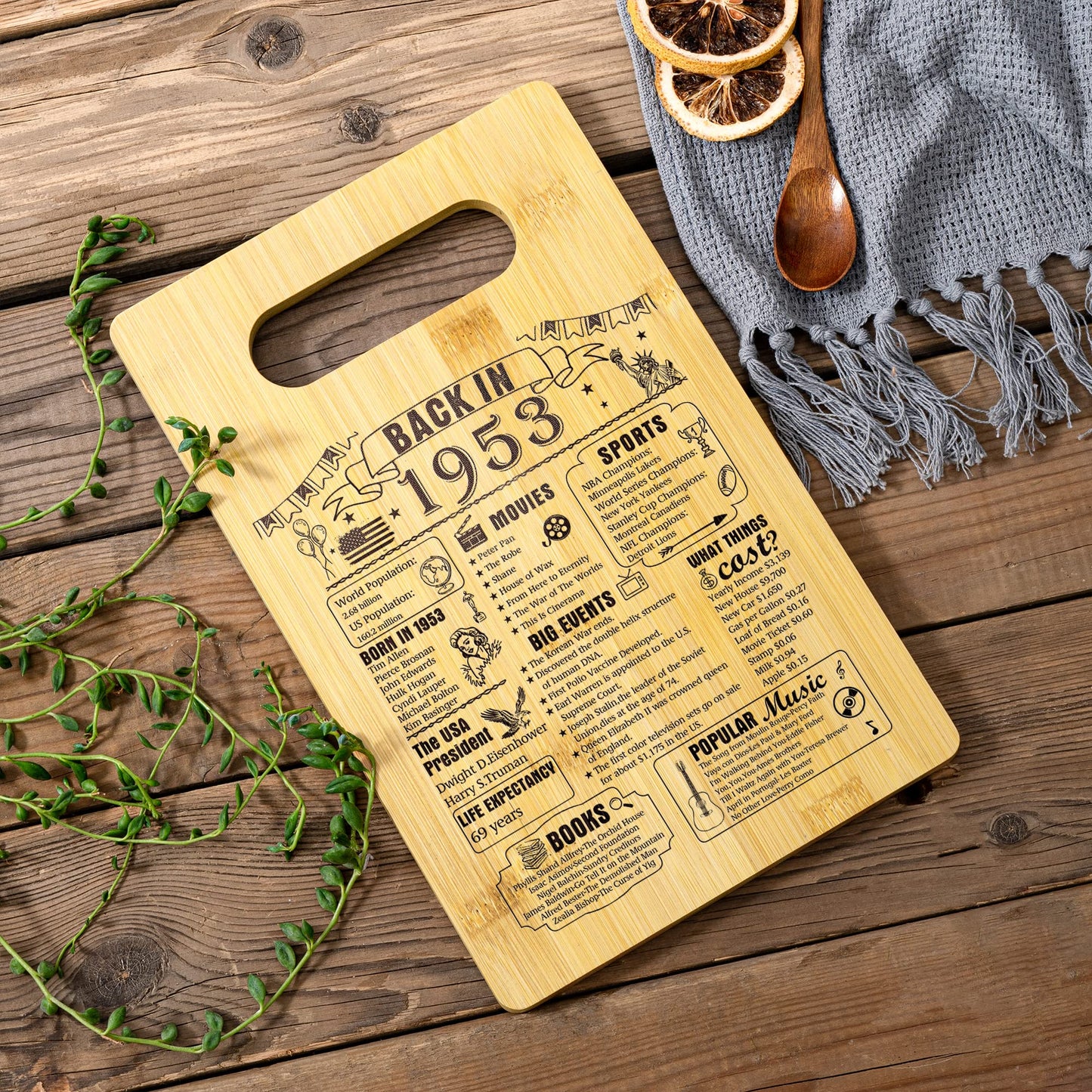 72th Birthday Gifts For Women or Men, Back In 1953 Cutting Board 72th Birthday Decorations, 72 Year Old Anniversary Birthday Gifts
