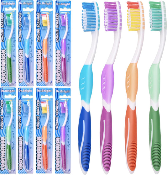 DR.BRIGHT Toothbrush Medium Adults, Medium Toothbrushes for Adults with Tongue Scraper, Travel Toothbrushes with Ergonomic Handle, Assorted Colors, 8 Pack