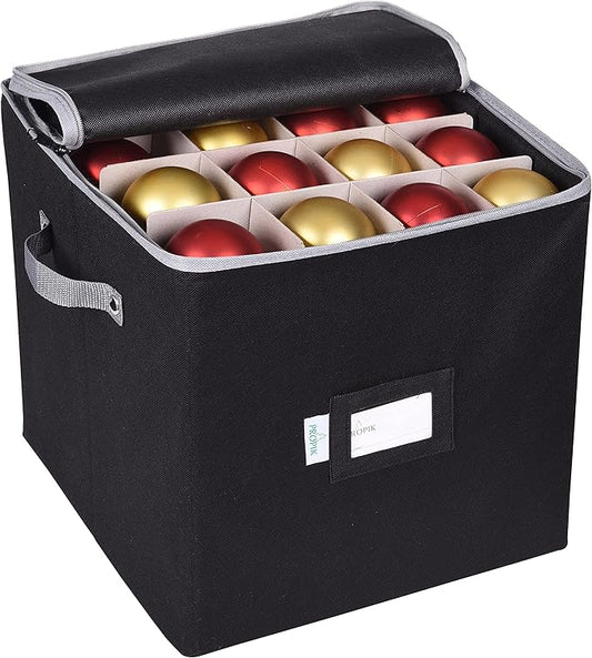 ProPik Christmas Ornament Storage Box, 4 Tier Holds Up to 64 Holiday Ornaments Decoration Balls, Storage Container with Dividers for 3â Bulbs, Made with Durable Oxford Polyester Material (Black)