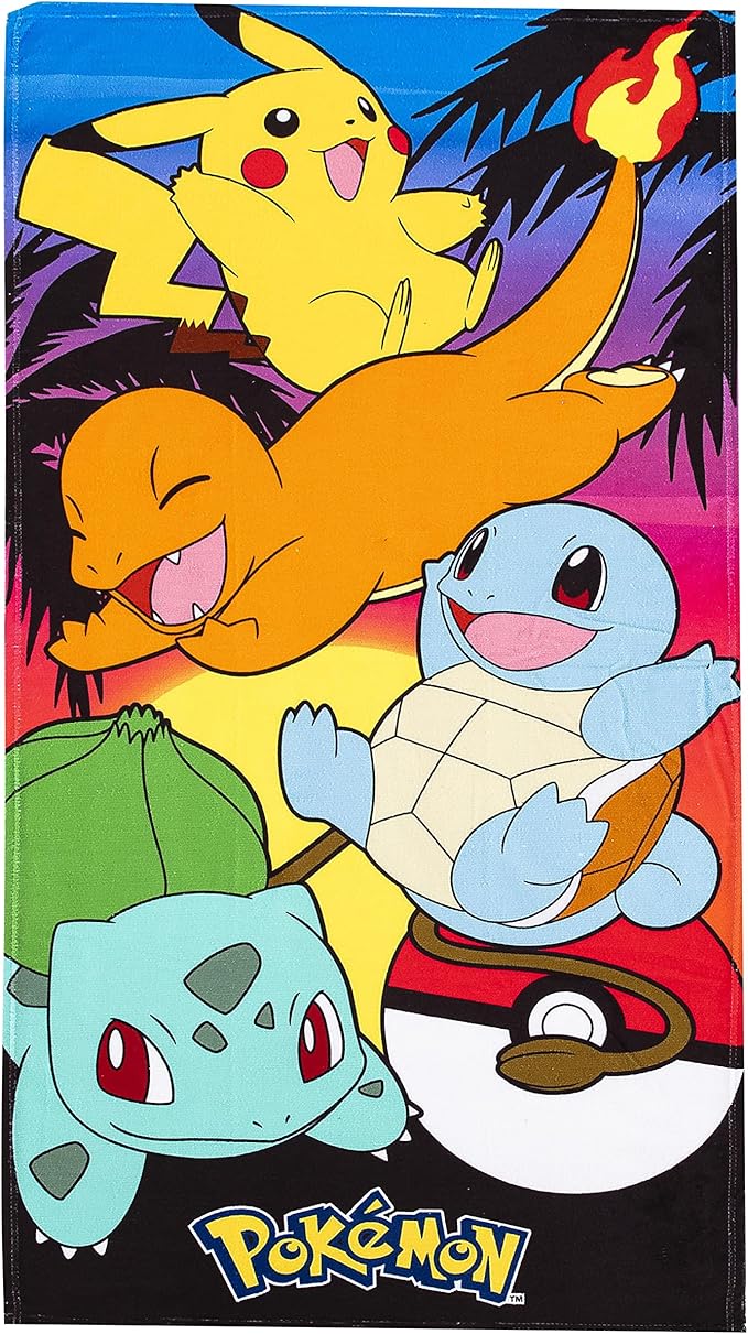 NORTHWEST Pokemon Beach Towel, Pikachu Charmander Squirtle Bulbasaur, Soft and Absorbent 30" x 60", Sunset Pokemon (Pack of 6)