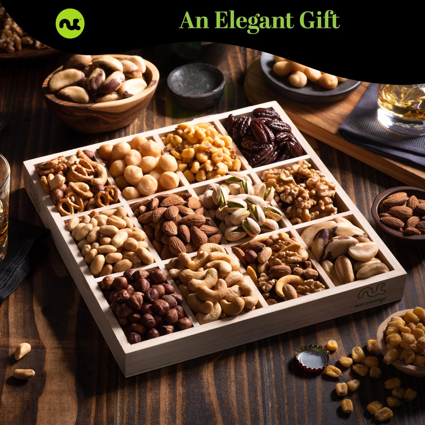 NUT CRAVINGS - Mixed Nuts Gift Basket in Reusable Wooden Tray + Heart Ribbon (12 Assortments) Food Arrangement, Healthy Snack Care Package, Food Assortments