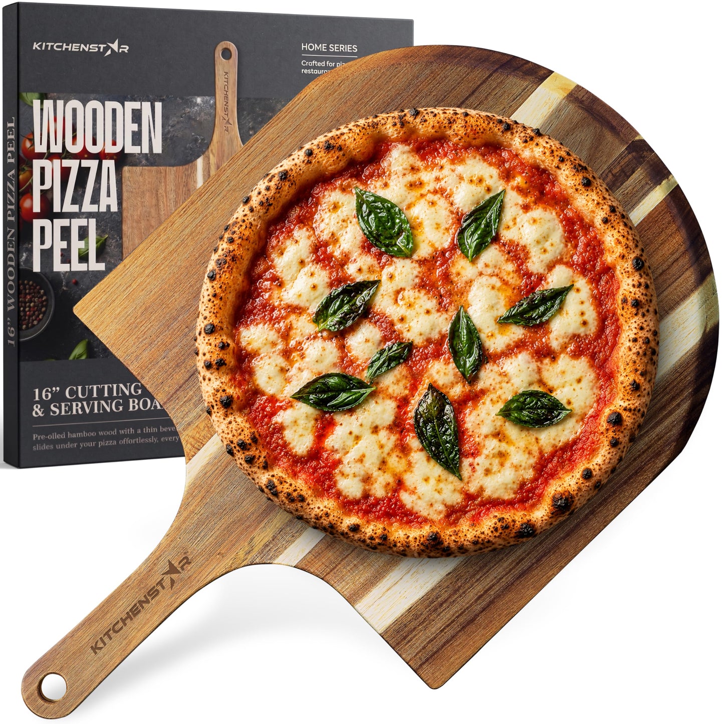 KitchenStar 16-Inch Acacia Wood Pizza Peel â Extra Large Wooden Cutting & Serving Board with Handle â Natural Oil Finish â Ideal Pizza Oven Accessory for Easy Sliding & Prep