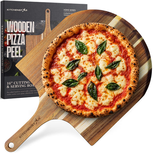 KitchenStar 16-Inch Acacia Wood Pizza Peel â Extra Large Wooden Cutting & Serving Board with Handle â Natural Oil Finish â Ideal Pizza Oven Accessory for Easy Sliding & Prep