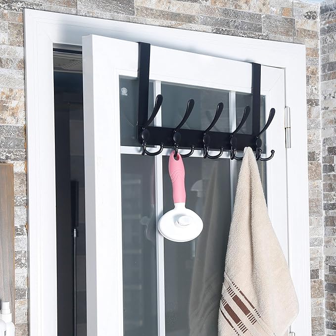 SKOLOO Over The Door Hook - for Doors up to 1-3/4'' Thickness, Pack of 2, Metal Door Hanger with 5 Triple Hooks, Black Over The Door Hanger for Coats, Hats,Towels, Assembly Required
