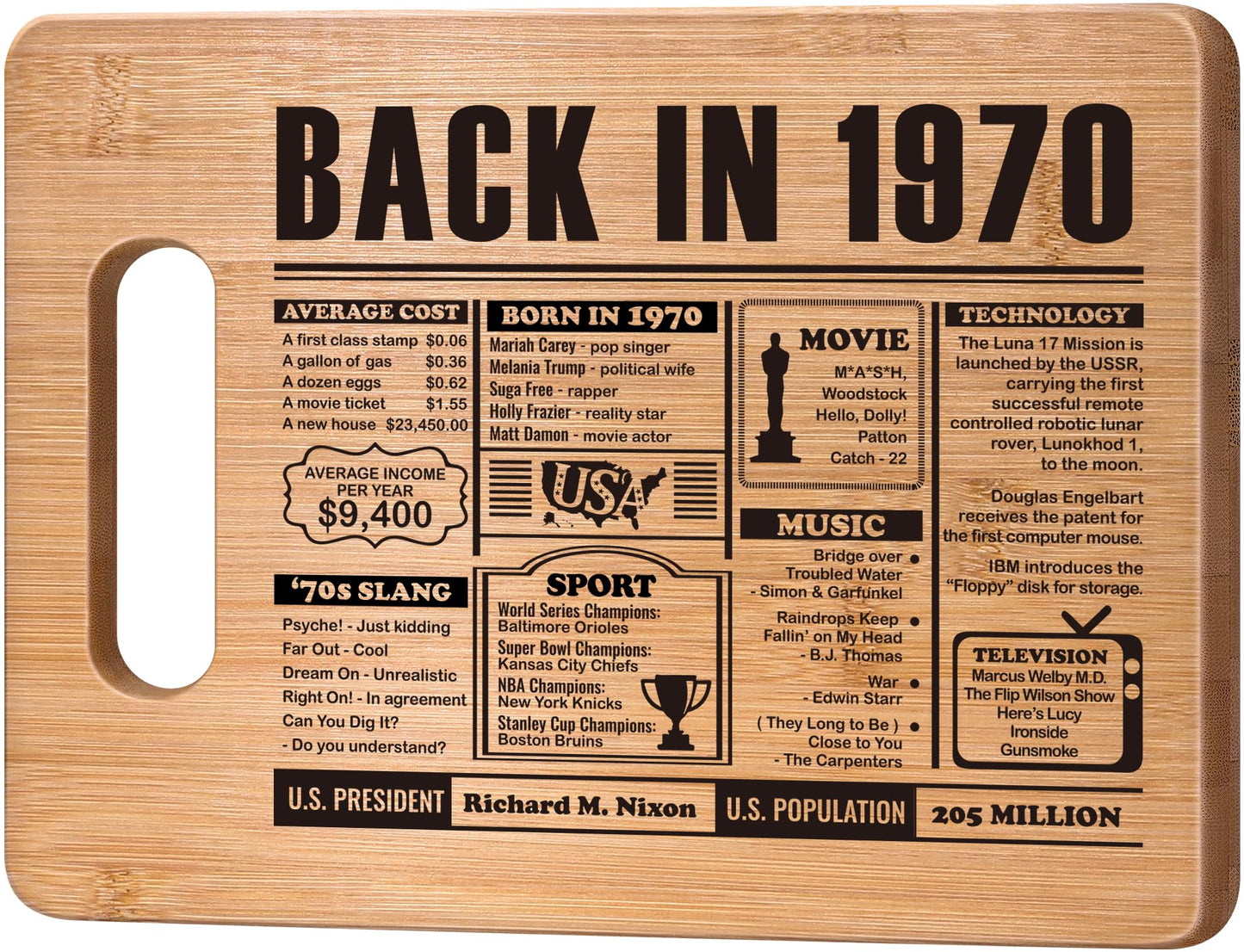 55th Birthday Gift for Women Men,55 Year Old Birthday Gifts for Her Him,55 Years Gifts for Mom Dad Grandparents Wedding Anniversary,Back in 1970 55s Birthday Decorations Engraved Bamboo Cutting Board