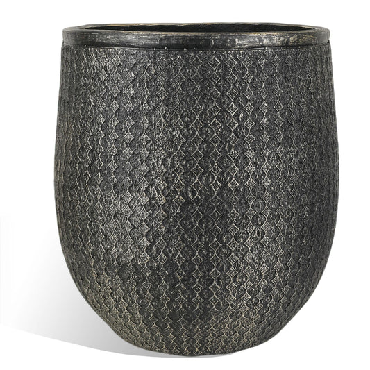 Worth 14.5" Round Planter, Lightweight Magnesium Oxide Cement Plant Pot, Raised Pattern Concrete Look with Drainage Hole for Indoor/Outdoor Use, Black