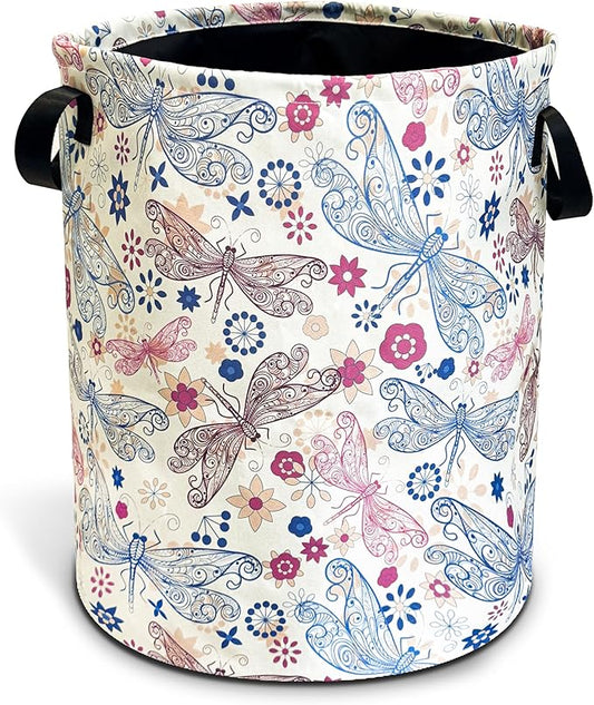 Dragonfly Laundry Basket Flowers Foldable Oxford Cloth Funny Tote Bag Laundry Hamper Clothes Storage Bucket Toy Organizer For Bathroom/Laundry Storage/Bedroom 18.9x16.5 Inch