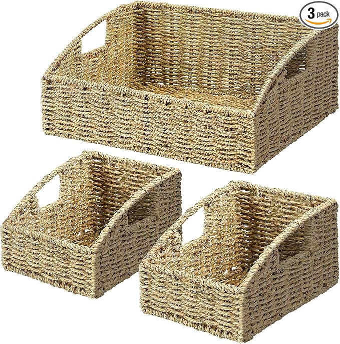 Set of 3 Handwoven Seagrass Storage Baskets â Decorative Natural Wicker Organizer Bins with Built-in Handles for Bathroom, Kitchen, Pantry, Nursery, Closet, Laundry, Living Room, and Home Use